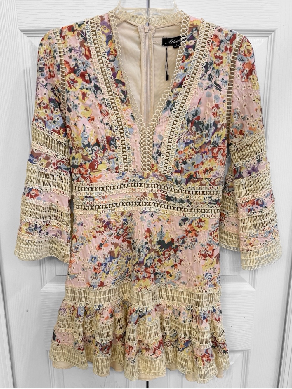 Athina Pastel Floral Crochet-Trim Mini Dress